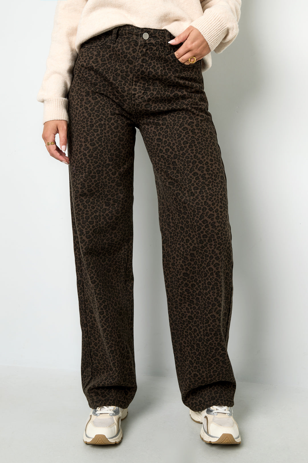 Noelle Straight Pants - Geweven Katoen Vrouwen Rechte Broek Luipaardprint Herfst/Winter